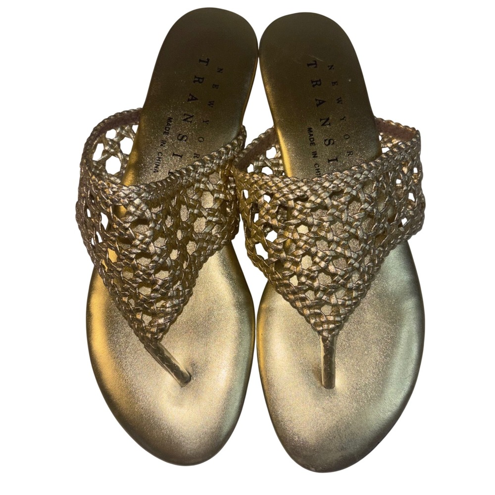 New York Transit Womens Size 8 Gold Woven Thong Sandals‎ Metallic Flat Slides